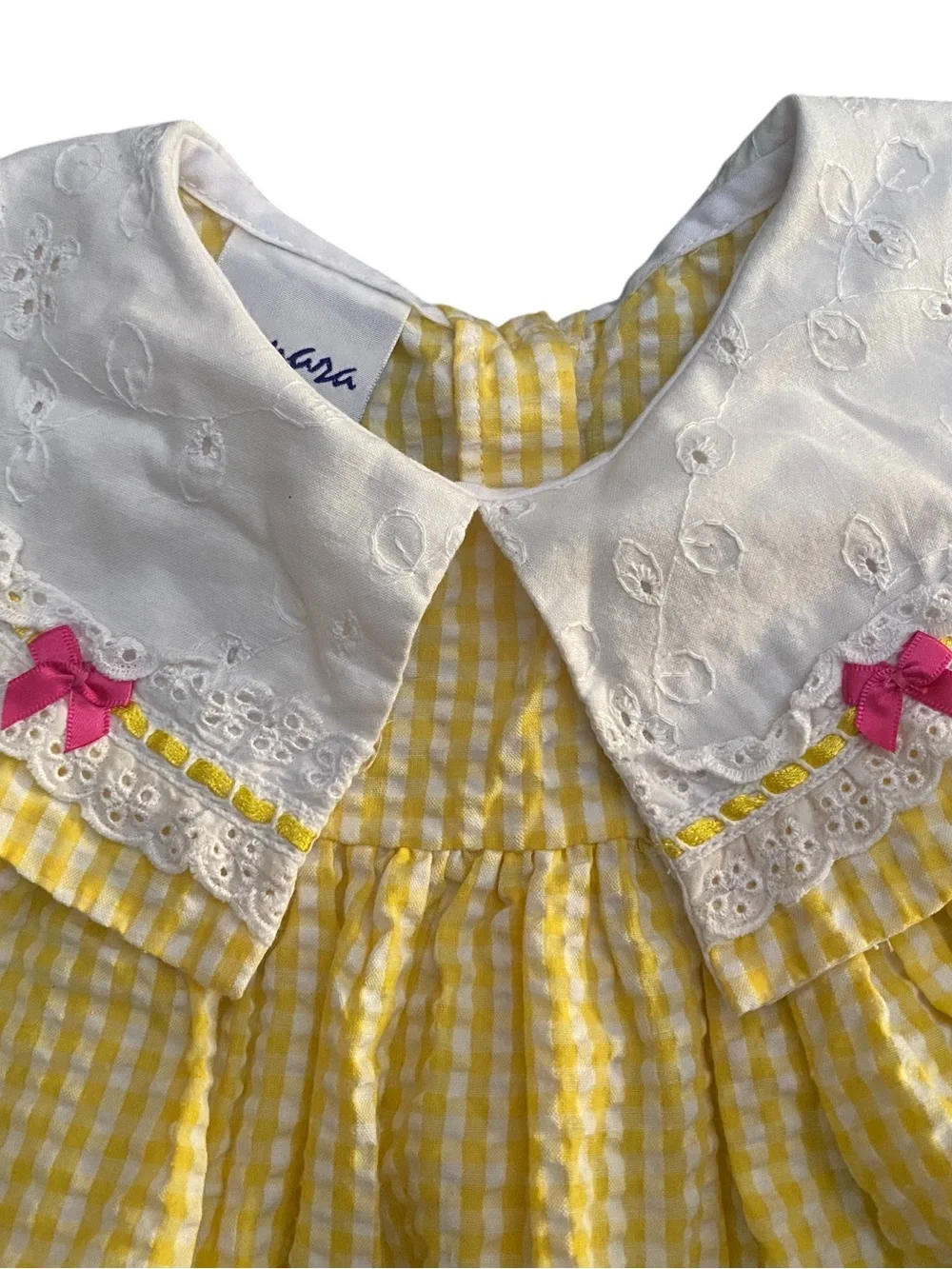 Yellow Gingham Seersucker Samara Girls' Dress with Pink Flower Appliqués Size 2T